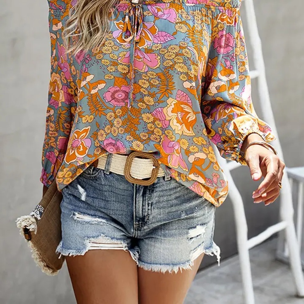 How Very Loved Floral Peasant Blouse - Pink & Orange & Blue